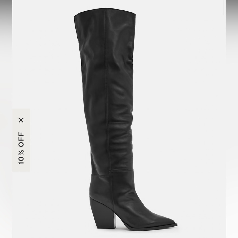 AllSaints Reina Knee High Pointed Leather Boots - Size 6